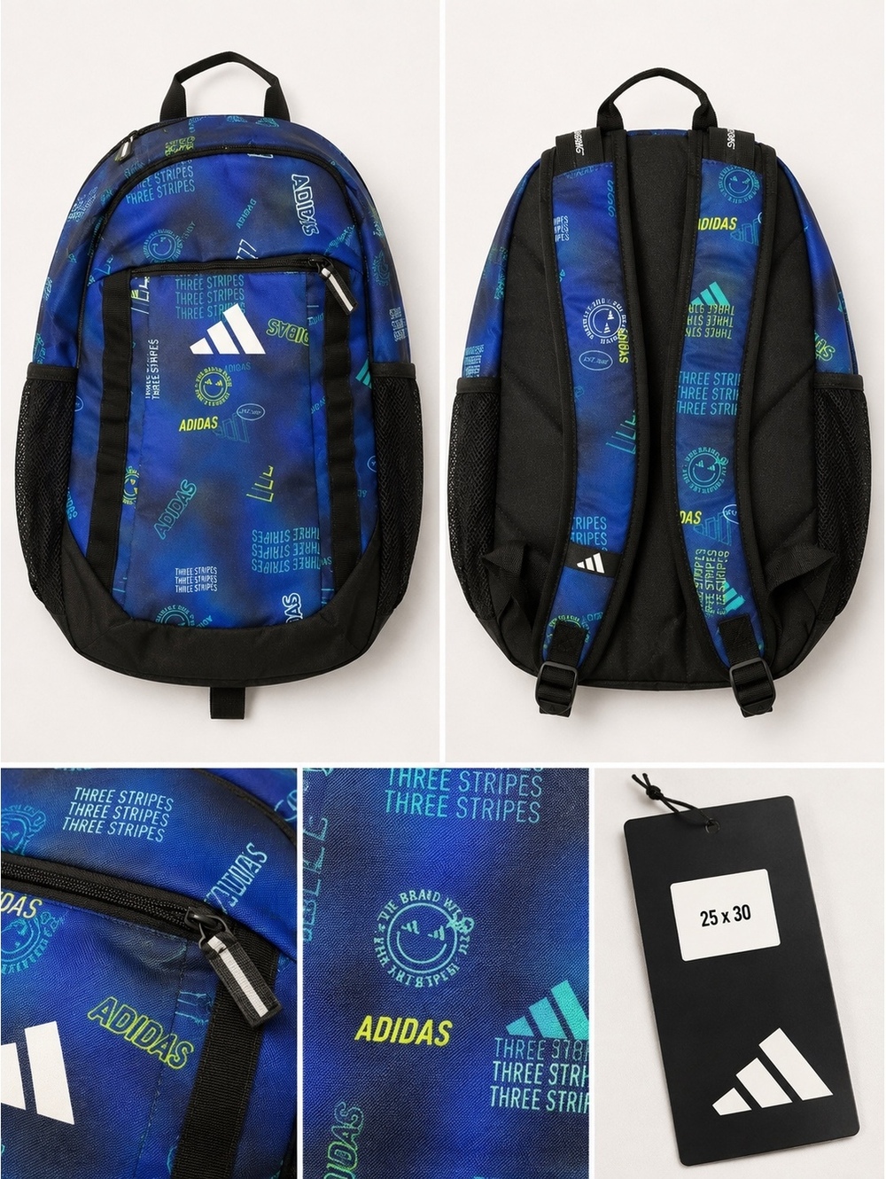 Adidas Blue and Black Logo Print Backpack with Front Pocket